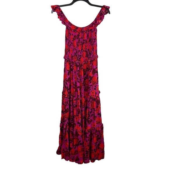 Abel The Label Maxi Dress Womens Medium Pink Red Floral Tiered Boho Off Shoulder - Picture 4 of 12